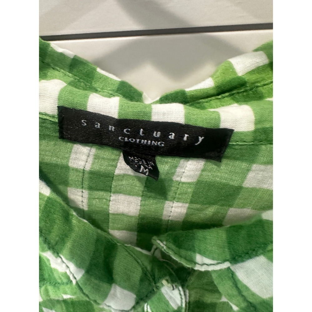 Sanctuary Clothing Green Gingham Button Up Shirt Womens Medium Cotton Epaulettes - Picture 2 of 8